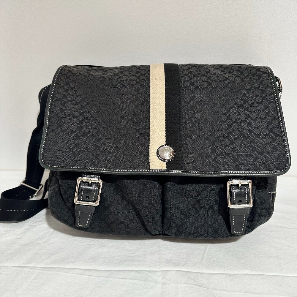 Coach Voyager Messenger Bag black canvas and leather trim